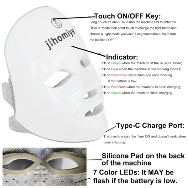 j i homi ye         ——Red Light Therapy Mask for Face, 7+1 Colors LED Facial Skin Care Mask At Home, USB Rechargeable. Portable